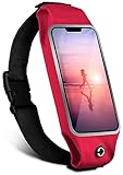 moex Laufgürtel Handy für Apple iPhone 11 Lauftasche Jogging Tasche Wasserfest, Slim Running Belt Flexibel mit Sichtfenster, Laufgurt zum Joggen Bauchtasche Sport, Rot