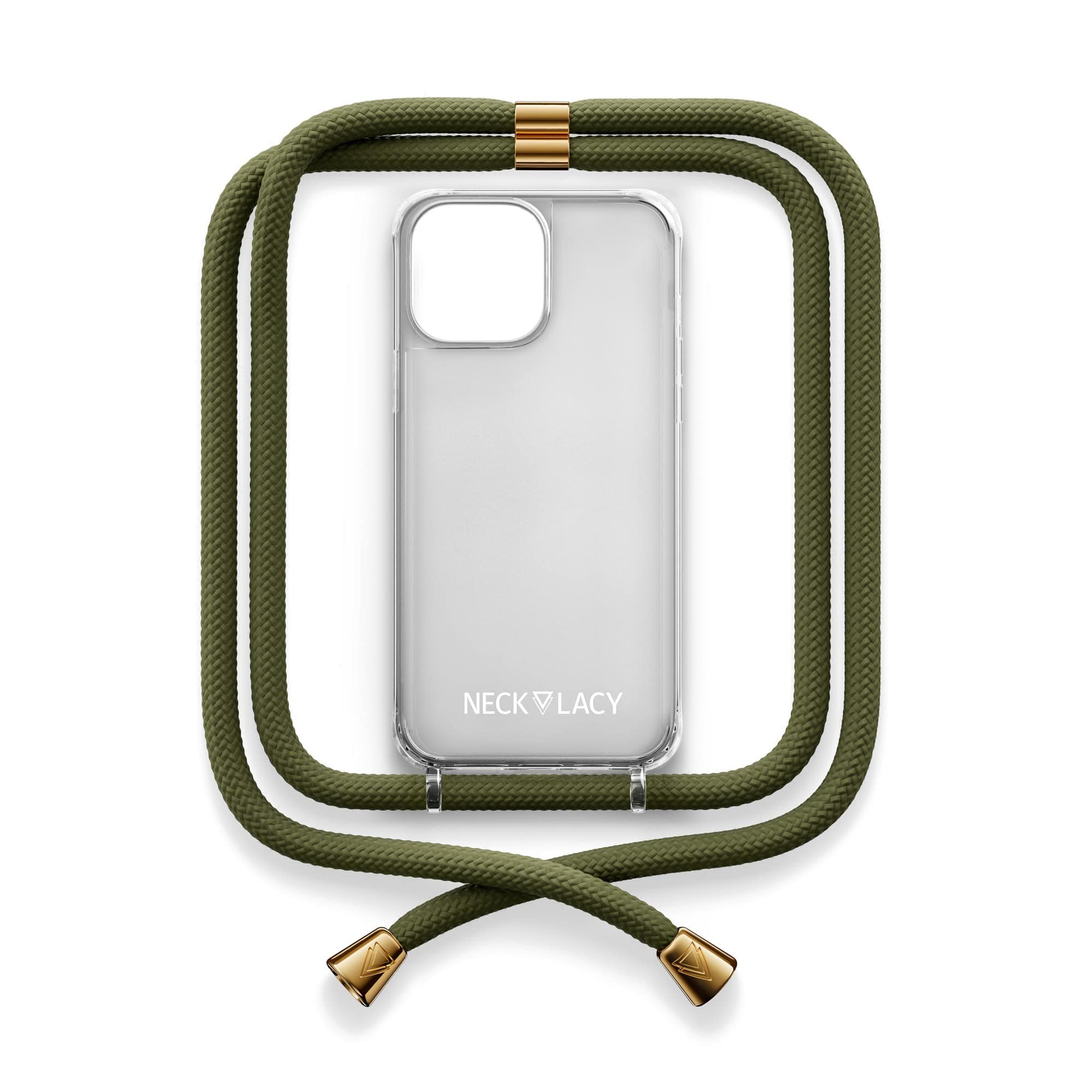NECKLACY® - Die Premium Handykette für Apple iPhone 14 Pro Max in Dark Olive | transparente Handyhülle mit hochwertiger Kordel zum Umhängen - Smartphone Crossbody Case