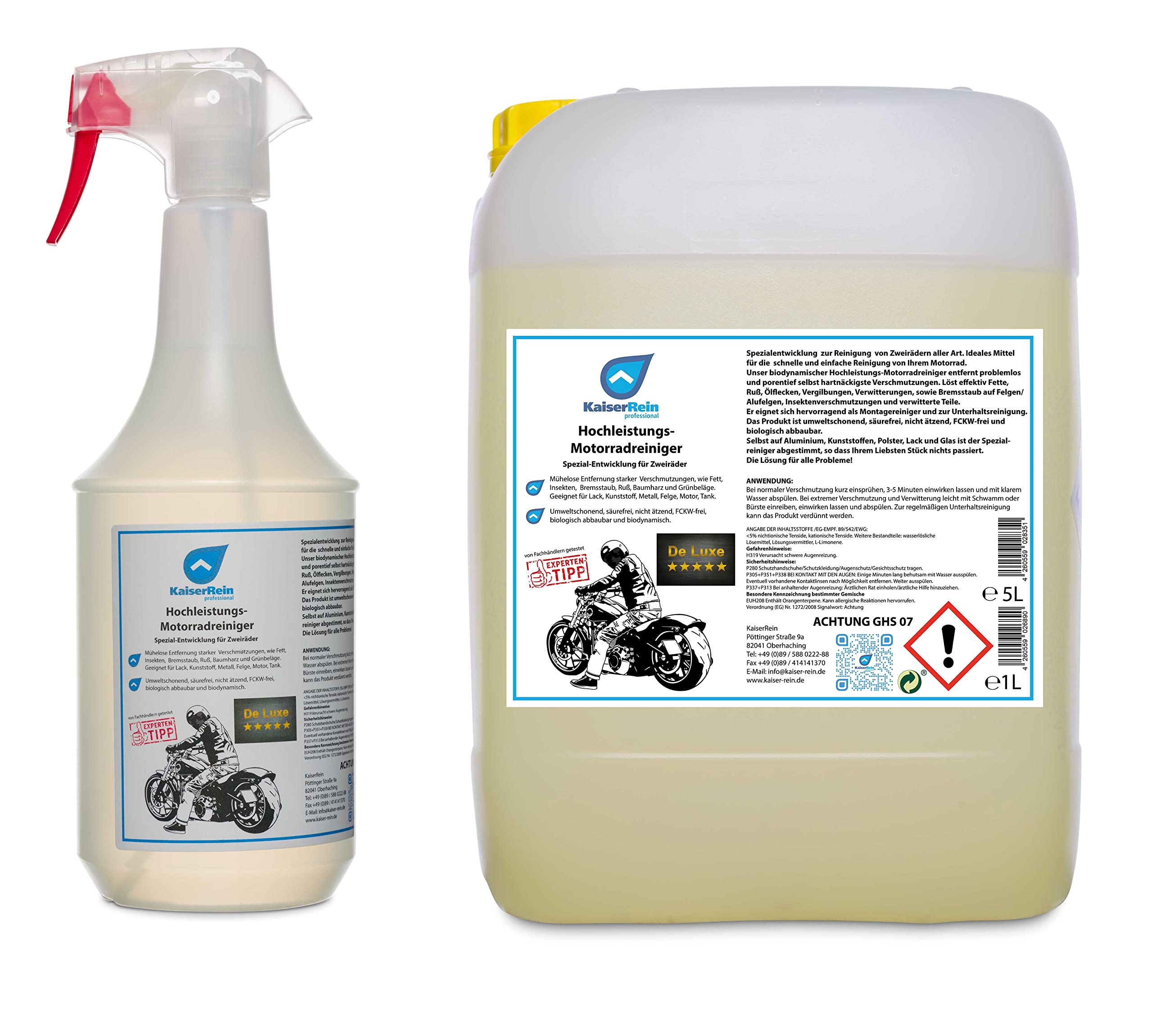 KaiserRein professional Hochleistungs Motorrad- und Zweirad-Reiniger 1 L Sprühflasche + 5 L Nachfüll-kanister Spezial-Entwicklung für Zweiräder Citrus Reiniger für Profis…