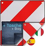 Warntafel Italien und Spanien + Tasche 2in1 (50 x 50 cm) - Reflektierendes Warnschild rot weiß für Heckträger u Fahrradträger