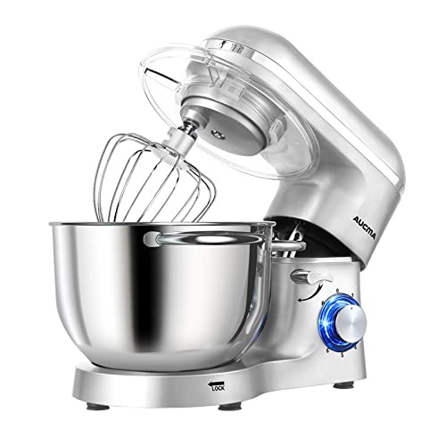 Aucma Standmixer, 6,5-QT 660 W 6-Geschwindigkeits-Kippkopf-Lebensmittelmischer, elektrischer Mixer für die Küche, mit Knethaken, Drahtpeitsche und Schlägel (6,5 QT, Silber)