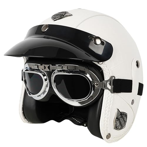 Leder-Jethelm Vintage-Motorradhelm Open Face Leder-Helm Winddichter Motorrad Roller Helm, Mit Brille, ECE Genehmigt Jethelm Für Damen Und Herren 6,XL