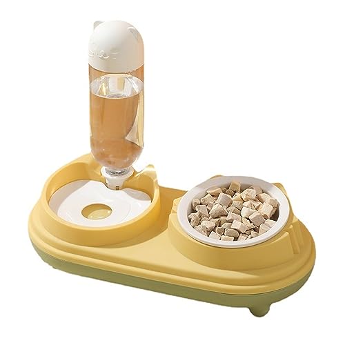 CeleCh Katzennapf-Set, 15° neigbarer Futternapf mit automatischer Wasserflasche, Rutschfester Silikonboden für Haustierkatzen und Welpen (Gelb)