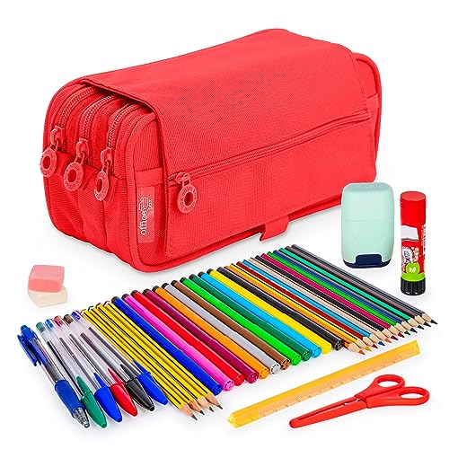 ColePack - Dreifach Federmäppchen mit 3 Reißverschlüssen und Schulmaterial der ersten Marken im Lieferumfang enthalten, Rot Coral, Schultaschen