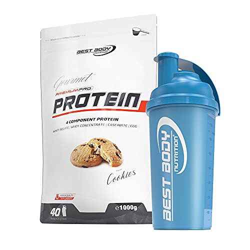 1kg Best Body Nutrition Gourmet 4 Komponenten Protein Eiweißshake - Set inkl. Protein Shaker / Gratiszugabe (Cookies, Best Body Shaker - Blau)