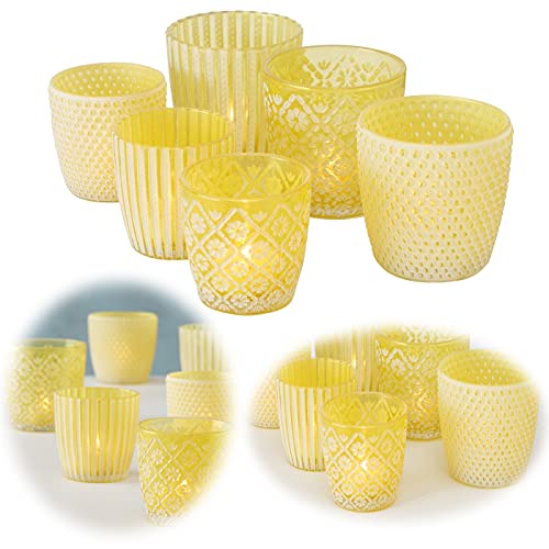 LS-LebenStil 6X Glas Teelichthalter Retro Gelb Weiß 7-9cm Windlicht-Halter Kerzenständer