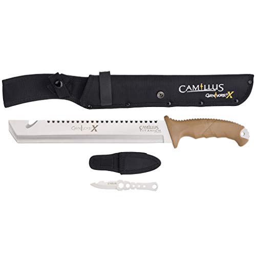 Camillus Carnivore X Machete, inklusive Werkzeugmesser und Nylonscheiden, 28,8 cm Titanium Bonded 3Cr13 Stahlklinge, ABS Griff, braun, 45 cm