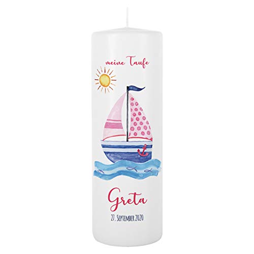 Striefchen® Taufkerze für Mädchen mit Namen u. Taufdatum sowie eigenen Taufspruch 8x25 cm - Motiv Segelschiff