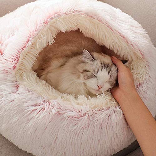 Weiches Plüsch-Katzenbett, rund, mit Kapuze, für den Winter, warmes Schlafkissen für Katzen und Welpen, rutschfestes Schlafsofa