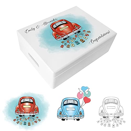 Creative Deco Weiße Holzkiste zur Hochzeit Geschenkkiste Erinnerungsbox Personalisiert | 40 x 30 x 14 cm (+/-1cm) | Auto Motiv | Geschenk Holzbox mit Deckel Gravur