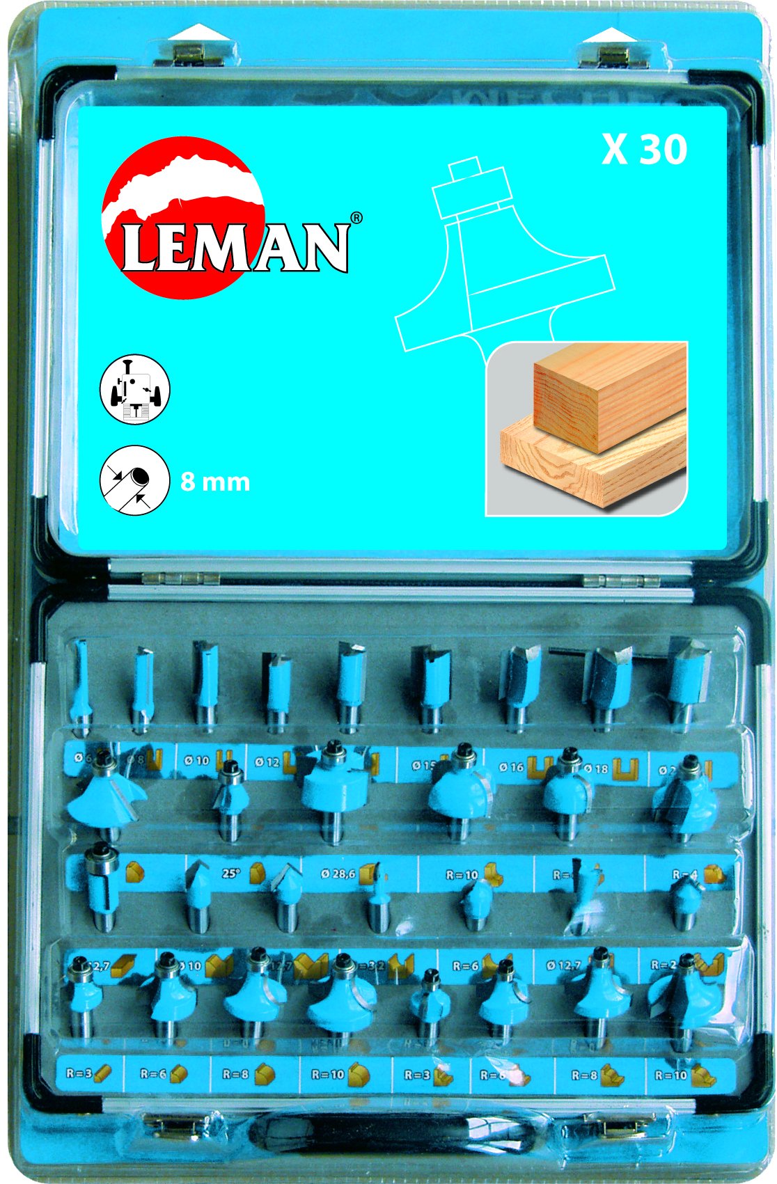 Leman 428.700 1 Koffer mit 30 Fräsen für Oberfräsen aus Hartmetall, 8 mm, Blau