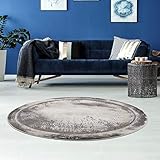 carpet city Teppich Bordüre Wohnzimmer - 120 cm Rund Grau Golden Meliert - Moderne Teppiche Kurzflor