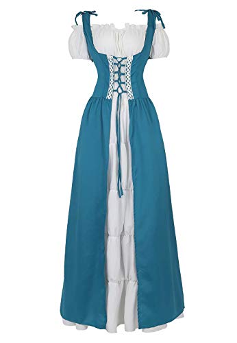 Josamogre renaissance mittelalter kleid sommerkleid kurzarm damen mit trompetenärmel party Kostüm vintage retro costume cosplay bodenlang Blau XL