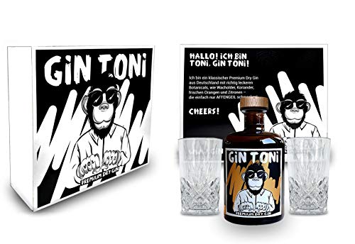 Gin Tonic Giftbox Geschenkset - Affengeiler Gin - Gin Toni Premium Dry Gin 0,5l (41% Vol) + 2x Longdrink Glas in Kristall Optik- [Enthält Sulfite]