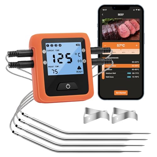 Mcbazel Grillthermometer mit 4 Sonden, digitales Fleischthermometer mit LCD-Bildschirm, Unterstützung für Fleischauswahl/Alarm-Timer, App-Fernüberwachung, Halterung/Magnetische Unterstützung