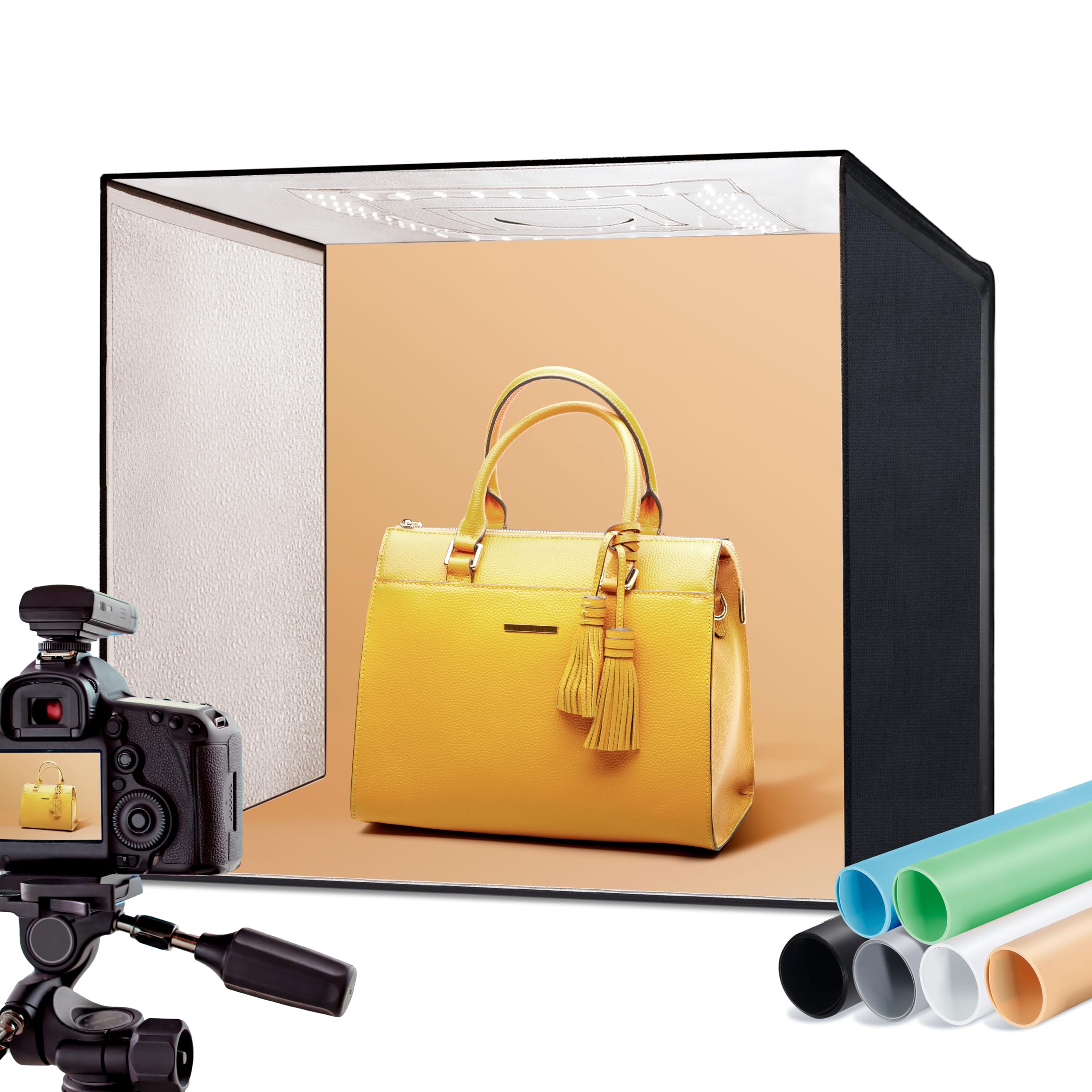 RALENO® Fotostudio Set 50 x 50 x 50 cm professionelle superhelle Fotobox mit 50 W / 5500 K / 92 CRI einstellbarem Licht inkl.6 PVC-Hintergrund(schwarz/grau/orange/weiß/blau/grün)