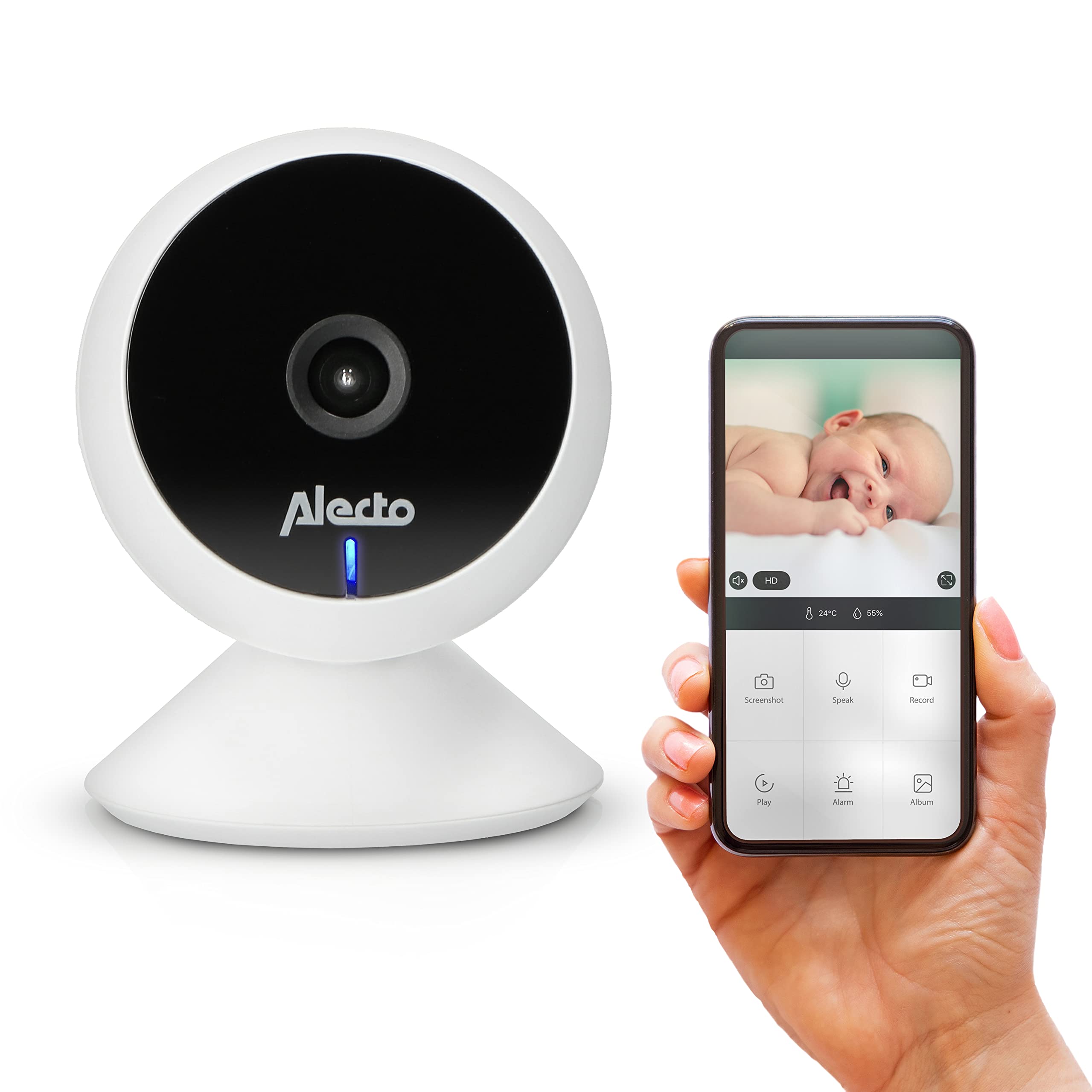 Alecto Smartbaby5 Babyphone mit Kamera - WLAN Babyphone mit Kamera - Gegensprechfunktion - Infrarot-Nachtsicht - Bewegungsmelder - App Steuerung - HD Auflösung - weiß
