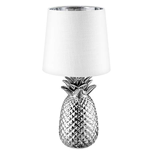 Navaris Tischlampe im Ananas Design - 35cm hoch - Deko Keramik Lampe für Nachttisch oder Beistelltisch - Dekolampe mit E14 Gewinde in Silber-Weiß