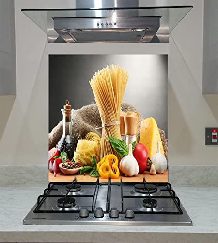 Splash Back, Panel Kitchen, gehärtetes Glas, Pasta Spaghetti Gemüse Gewürze auf grauem Hintergrund, VA Art Glas (breit 90 x Höhe 60 /cm)