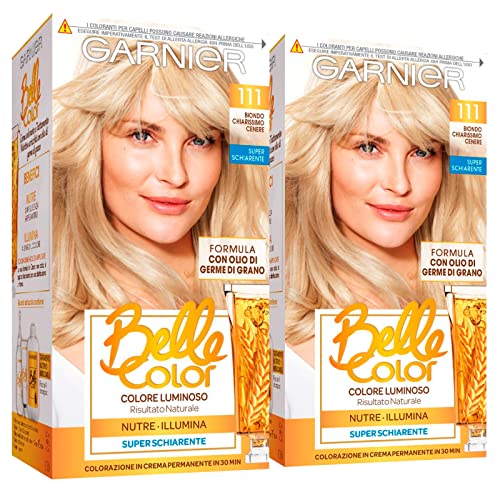 2 x Garnier Belle Color Haarfarbe für permanente Haare, nährende Wirkung, aufhellend, natürliches Ergebnis mit Weizenkeimöl, Farbe 111 sehr helles Aschblond, 2 Packungen