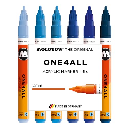 Molotow One4All 127HS Acryl Marker Blue Set (2,0 mm Strichstärke, hochdeckend und permanent, schnell trocknend, nachfüllbar, für fast alle Untergründe) 6 Stück sortiert