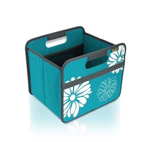 meori Faltbox Small in Azurblau mit Blumen - Stabile Klappbox S mit Griffen - perfekte Allzweck Aufbewahrungslösung - Tragkraft bis 30 kg - A100205 - 32 x 26,5 x 27,5 cm