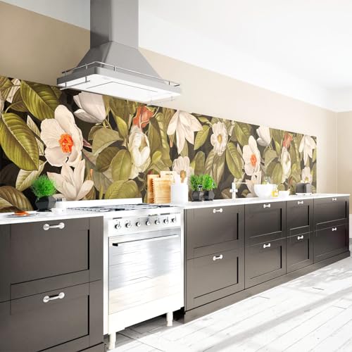 Arcondo Küchenrückwand Spritzschutz Selbstklebend mit Motiv Weiße Blüten und üppige Blätter Folie Premium Glanz 50 x 80 cm