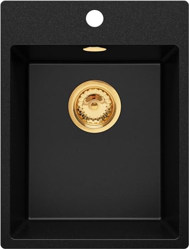 Spülbecken Schwarz 40x50 cm, Granitspüle + Ablauf-Set mit Goldenem Siphon, Küchenspüle für 40er Unterschrank, Einbauspüle von Primagran