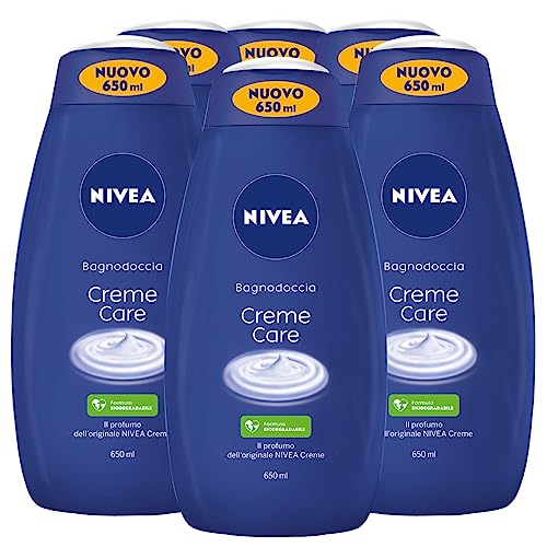 Nivea Duschbad Creme Care Biologisch abbaubare Formel mit Duft des Original-Nivea Cremes, feuchtigkeitsspendend, pflegend, für alle Hauttypen – 6 Flaschen à 650 ml