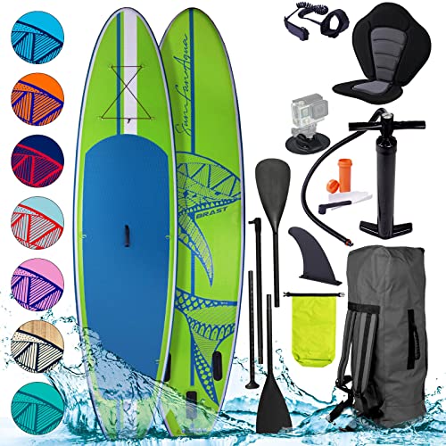 BRAST SUP Board Shark | Aufblasbares Stand up Paddle Set | 300-365cm viele Modelle | incl. Zubehör Fußschlaufe Paddel Pumpe Rucksack | Blau Grün Gelb Rot Türkis Orange Pink | Grün 320