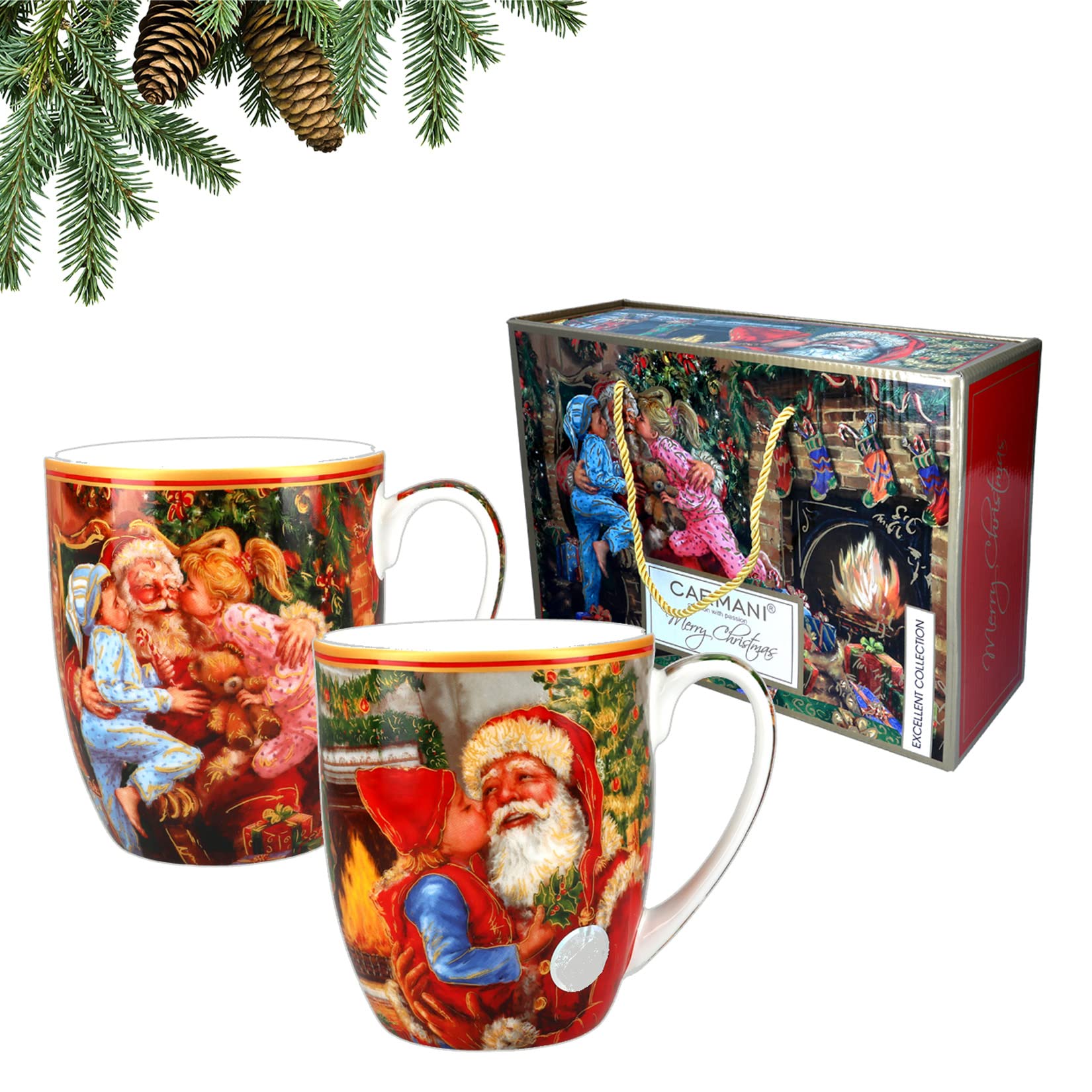 Carmani - Set mit 2 weihnachtlichen Tassen, festliche Partybecher für Tee, Kaffee, heiße Schokolade, dekoriert mit Weihnachtsmotiv, 400 ml