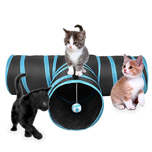 NashaFeiLi Katzentunnel, zusammenklappbar, tragbar, 3 Wege, Spieltunnel für Katzen, Kätzchen, Kaninchen und Hunde (blau)