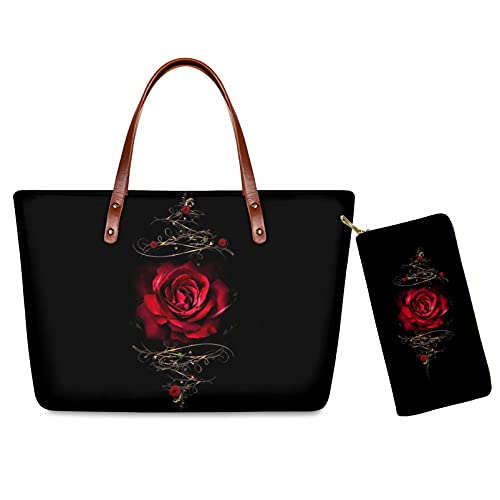 HUIACONG Handtasche mit Geldbörsen-Sets für Frauen Damen Schultertaschen und Geldbörse, rote rose, Large