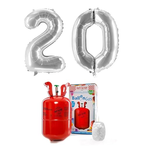 PARTY FACTORY Helium Set "20" mit XXL Zahlenballons, Ballongas und Ballonschnur - für Geburtstag, Jubiläum, Jahrestag; Gold, Silber, Schwarz, Pink, Rosa, Rosagold, Bunt (Silber)