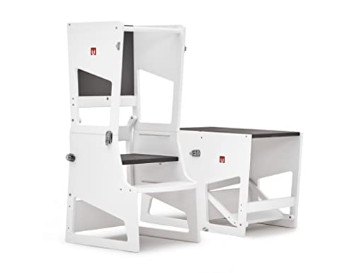 Bianconiglio Kids ® Transformer Verstellbarer Lernturm Montessori umwandelbar in Couchtisch, Trittbrett und Schreibtisch die einzige Höhenverstellung (Waschbar Weiß und Tafel)