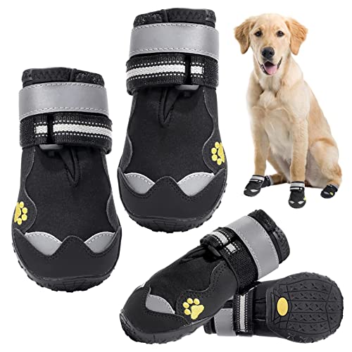 Hundeschneestiefel - Hundestiefel wasserdichte Schuhe mit reflektierenden Streifen, Hundepfotenschutz, Schwarz rutschfeste Hundestiefel für mittelgroße Haustiere, 4 Stück