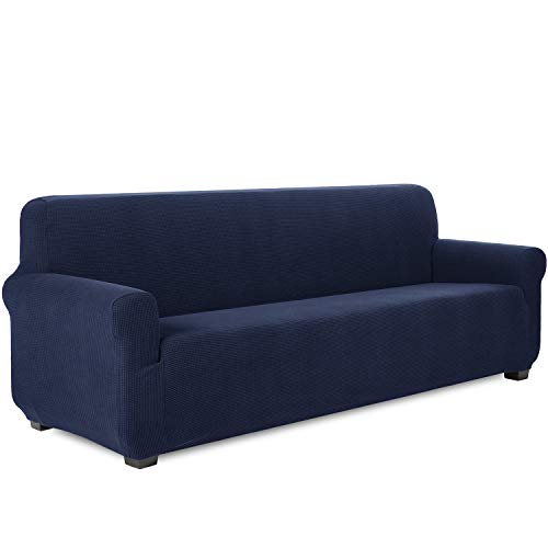 TIANSHU Sofabezug 4 sitzer, Stretch Spandex Couchbezug Sesselbezug Elastischer Antirutsch Stretchhusse Weich Stoff,Jacquard-Stretch-Sofabezug, Schonbezug für Sofa-Sofahalter(4 sitzer,DUNKELBLAU)