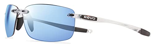 Revo Descend XL: Polarisierte UV-Filter, große, randlose, rechteckige, rechteckige Sonnenbrille, Kristallrahmen mit blauem Wasserglas (RE 1070XL)