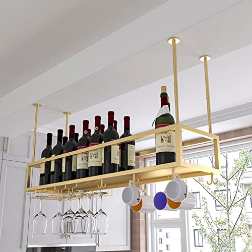FLYIFE Weinregal, hängendes Weinregal, goldfarben, verstellbares Decken-Flaschenregal aus Metall, Eisen-Display-Weinaufbewahrungshalter mit Stielglas-Glasregal für Unterschrank, Küche, Bar