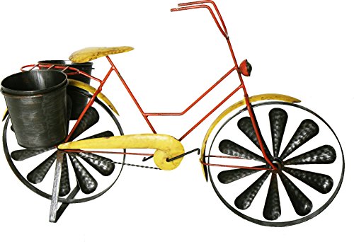 colourliving Windrad Windspiel Fahrrad Citybike Metallwindrad Damen Fahrrad gelb 2 Windräder kugelgelagert mit 2 Pflanztöpfe