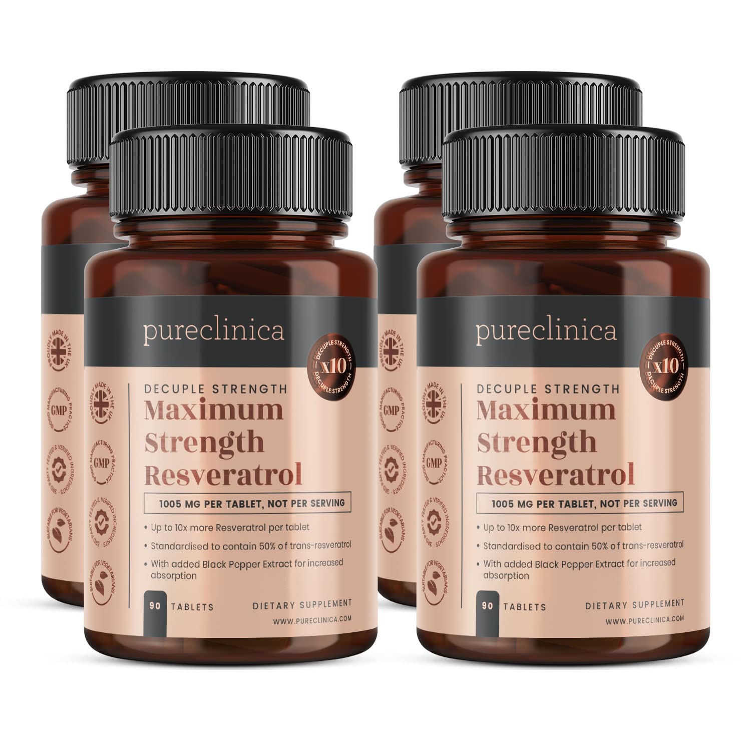 Pureclinica 1000 mg Resveratrol x 360 Tabletten (4 Flaschen à 90) – Vorrat für 12 Monate