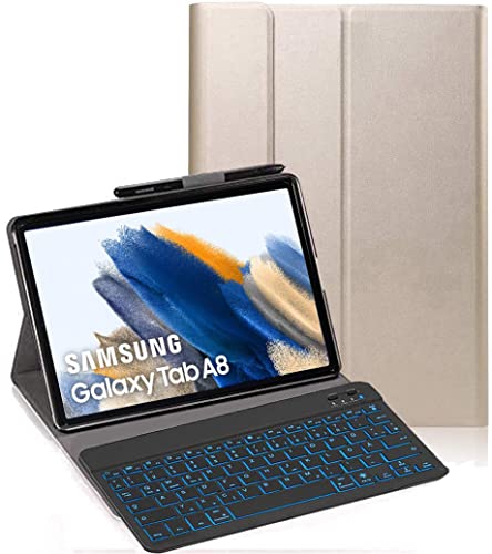 YHFZR Tastatur Hülle für Galaxy Tab A8 2021, [Deutsches QWERTZ] Slim Hülle mit 7 Farben Beleuchtung Kabellose Tastatur mit Schützhülle für Samsung Galaxy Tab A8 SM-X200/205 10,4 Zoll, Gold