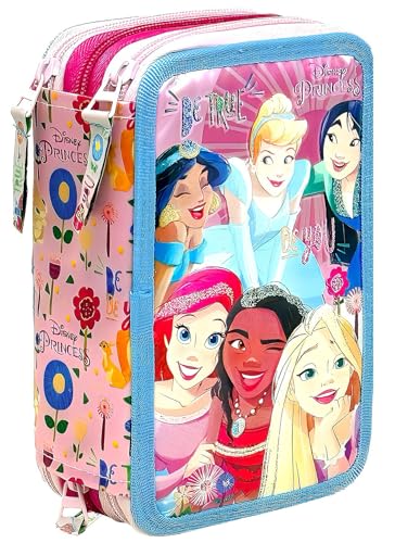 Clondo Disney Prinzessinnen Federtasche, Federmäppchen, 3-stöckig gefüllt 44 Teilen für die Schule, 20 cm, Princess