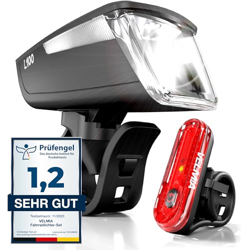 VELMIA Fahrradlichter Set [100 LUX] StVZO zugelassen mit besonders starker Ausleuchtung und 8,5h Leuchtdauer I LED, regenfest und aufladbar I Fahrrad Licht, Zubehör