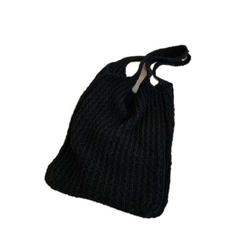WEbjay Strohtasche Gestrickte Schulter-Einkaufstasche for Frauen, Vintage-Baumwolltuch, Mädchen, Einkaufstasche, große weibliche Handtasche, Häkeltasche Runde Strohtasche (Color : Noir)