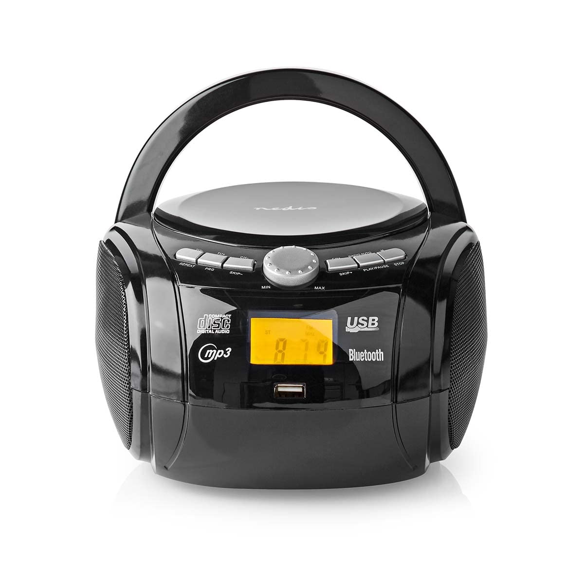 Nedis - Boombox - 9 W - Bluetooth® - CD-Player/UKW-Radio/USB/AUX - Griff - Extraleicht - Eingebauten Stereolautsprecher - Radio - Anzeige - USB-Wiedergabe - Schwarz