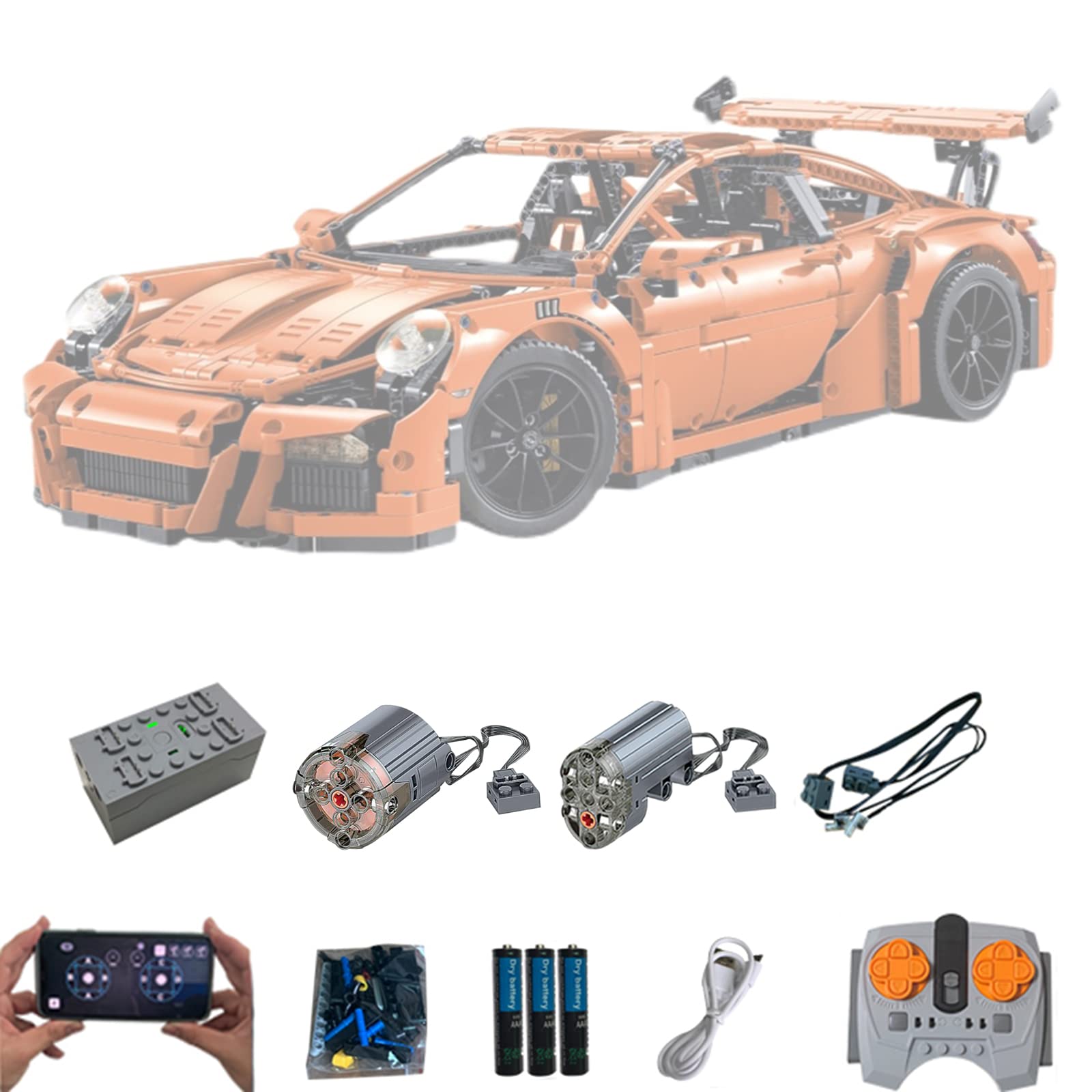 Super Motor und Fernbedienung Upgrade Zubehör für Lego Technic 42056 Porsche 911 GT3 RS, Fernbedienung und APP-Steuerung, Power Functions Motor Set Kompatibel mit Lego 42056(Nicht Enthalten Modell)
