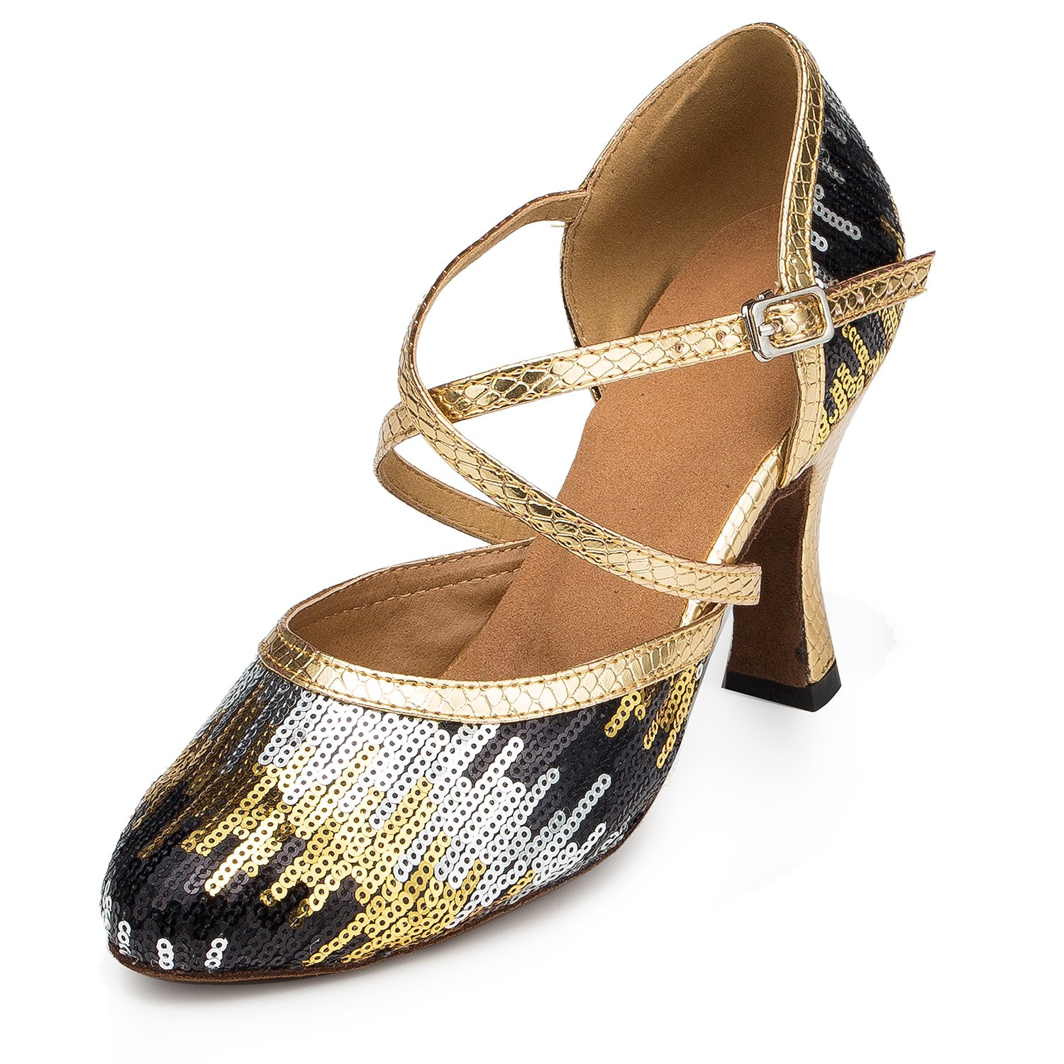 URVIP Neuheiten Frauen's Pailletten Heels Absatzschuhe Moderne Latein-Schuhe mit Knöchelriemen Tanzschuhe LD026 Gold 40 EU