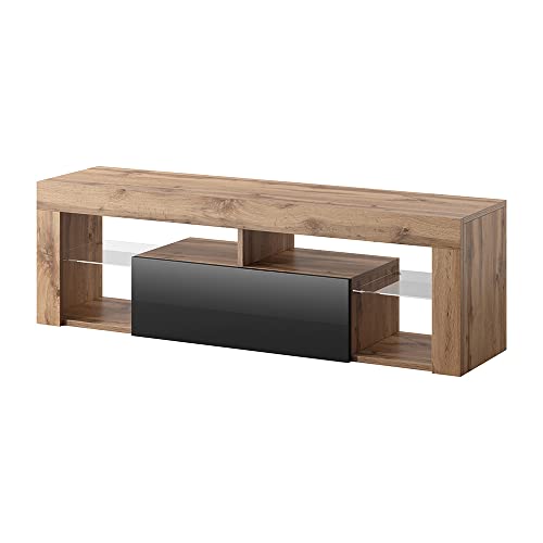 Selsey Hugo Lowboard/TV-Schrank in Holz-Optik mit Klappe Hochglanz Stehend, Lancaster Eiche/Schwarz, 35 x 140 x 51 cm