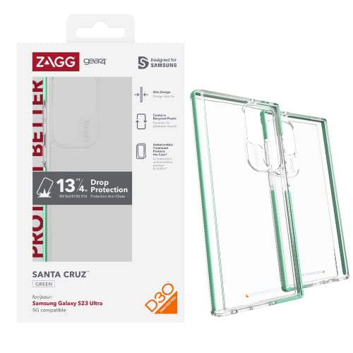 ZAGG Gear4 Santa Cruz Samsung Galaxy S23 Ultra Handyhülle, D30 Fallschutz bis zu 4 m, Kratzfeste, transparente Handyhülle, funktioniert mit kabellosen Ladesystemen, Schutz von Kante zu Kante